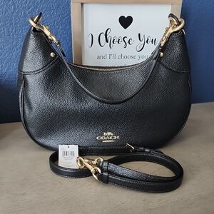 Coach Mara Black Pebbled Leather Hobo Shoulder Bag with Gold Hardware